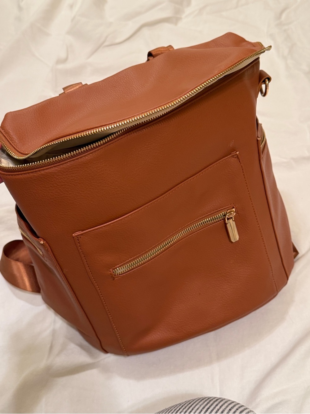 Classic Women's Backpack Diaper Bag Camel Faux Leather